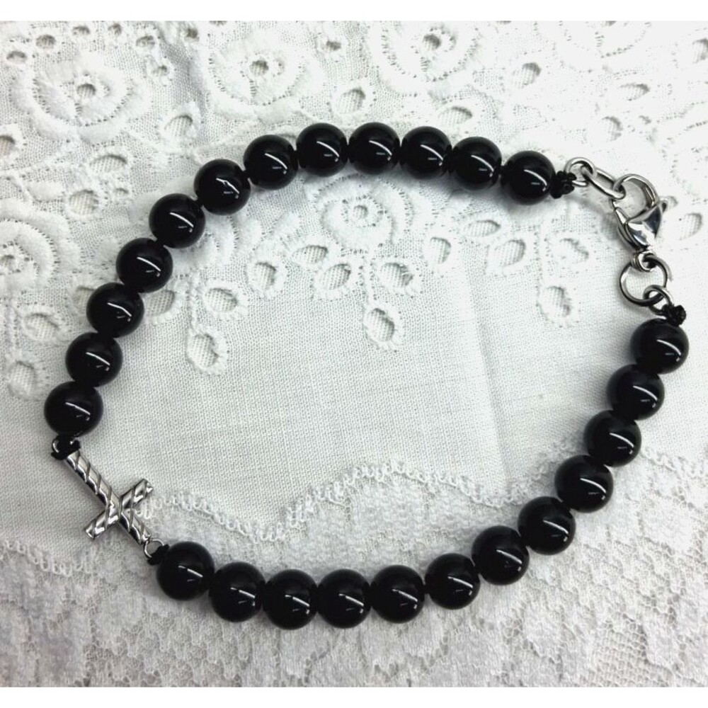 Mens Spirtual Black Glass Beaded Bracelet With Christian Cross Jewelry Faith
